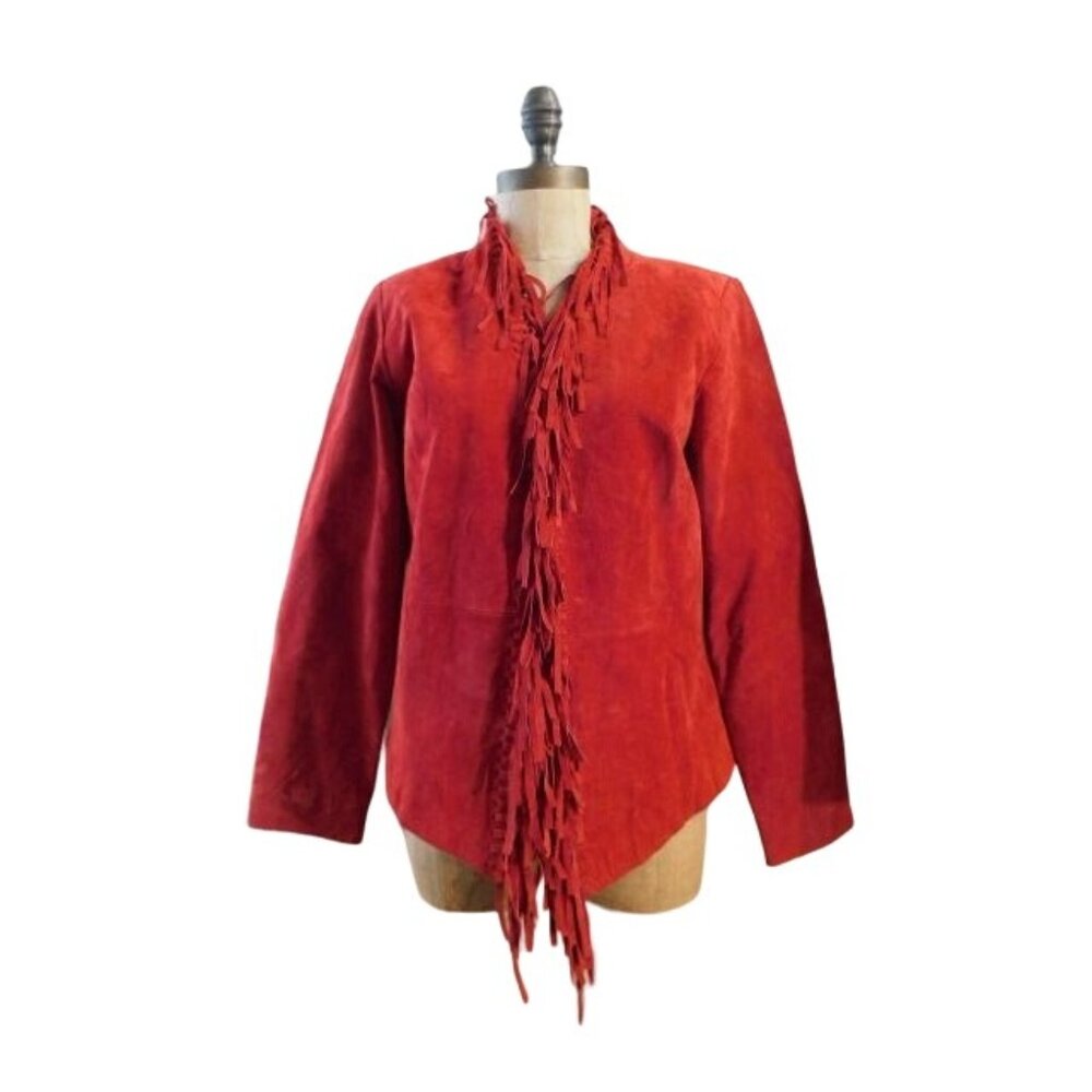 Dialogue Size XS Red Fringed Leather Lined Western Style Jacket